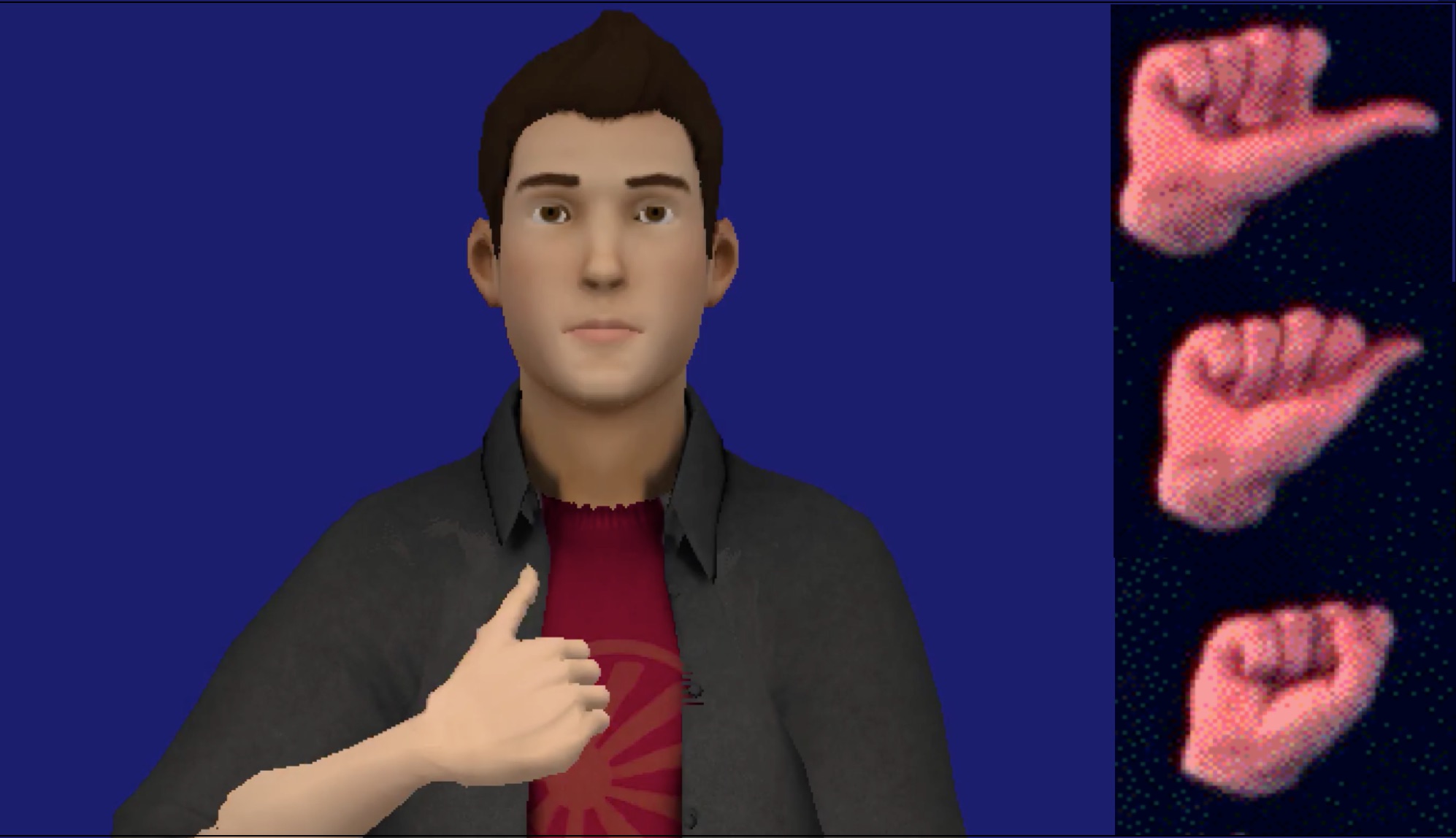 An animation of a virtual human and images of handshapes.
