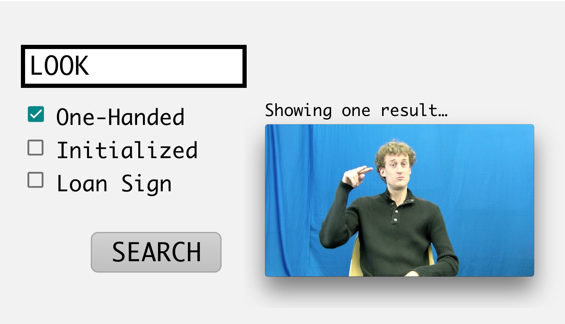 Screenshot of a prototype for a web-based sign language dictionary search.