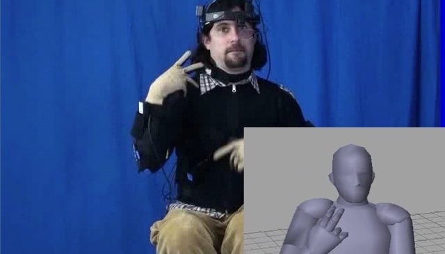 An ASL signer wearing motion-capture equipment with an animation image below.