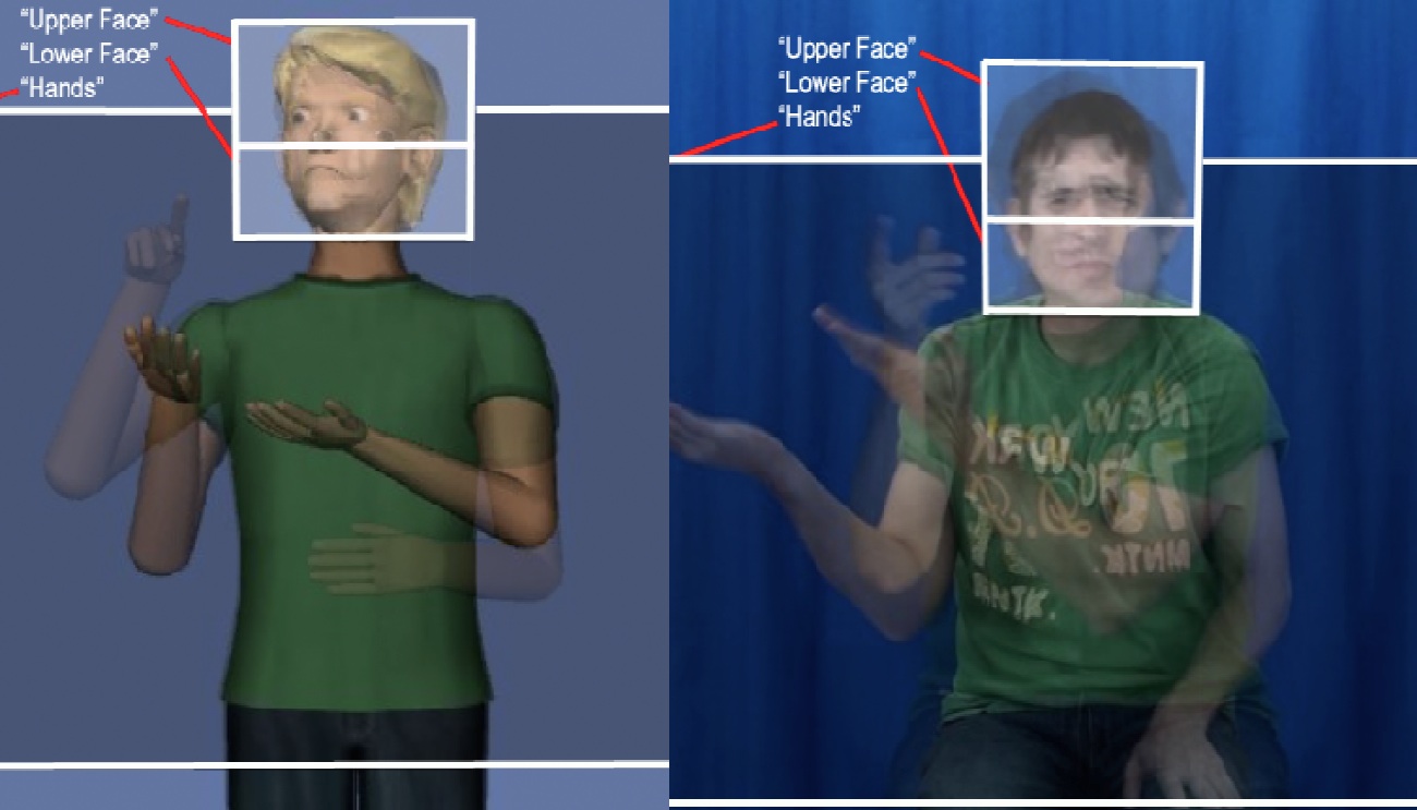 Screenshot of a video of a human signer and an animation of a virtual human.