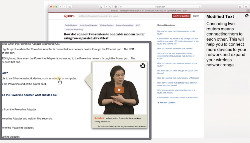 Screenshots of a web browser with plug-ins that simplify the text or show ASL video.